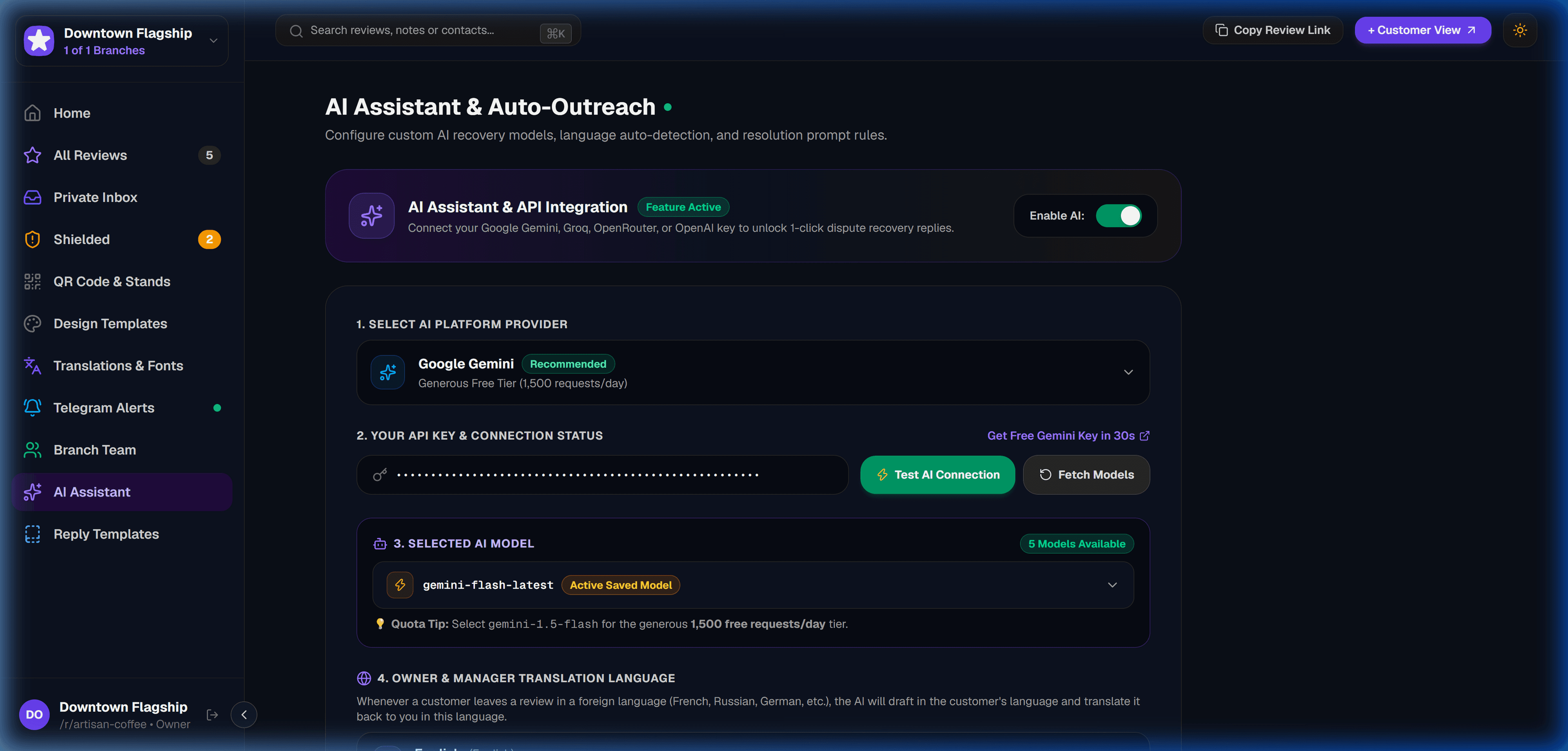 GetReview Dashboard — AI Assistant & Auto-Outreach Settings