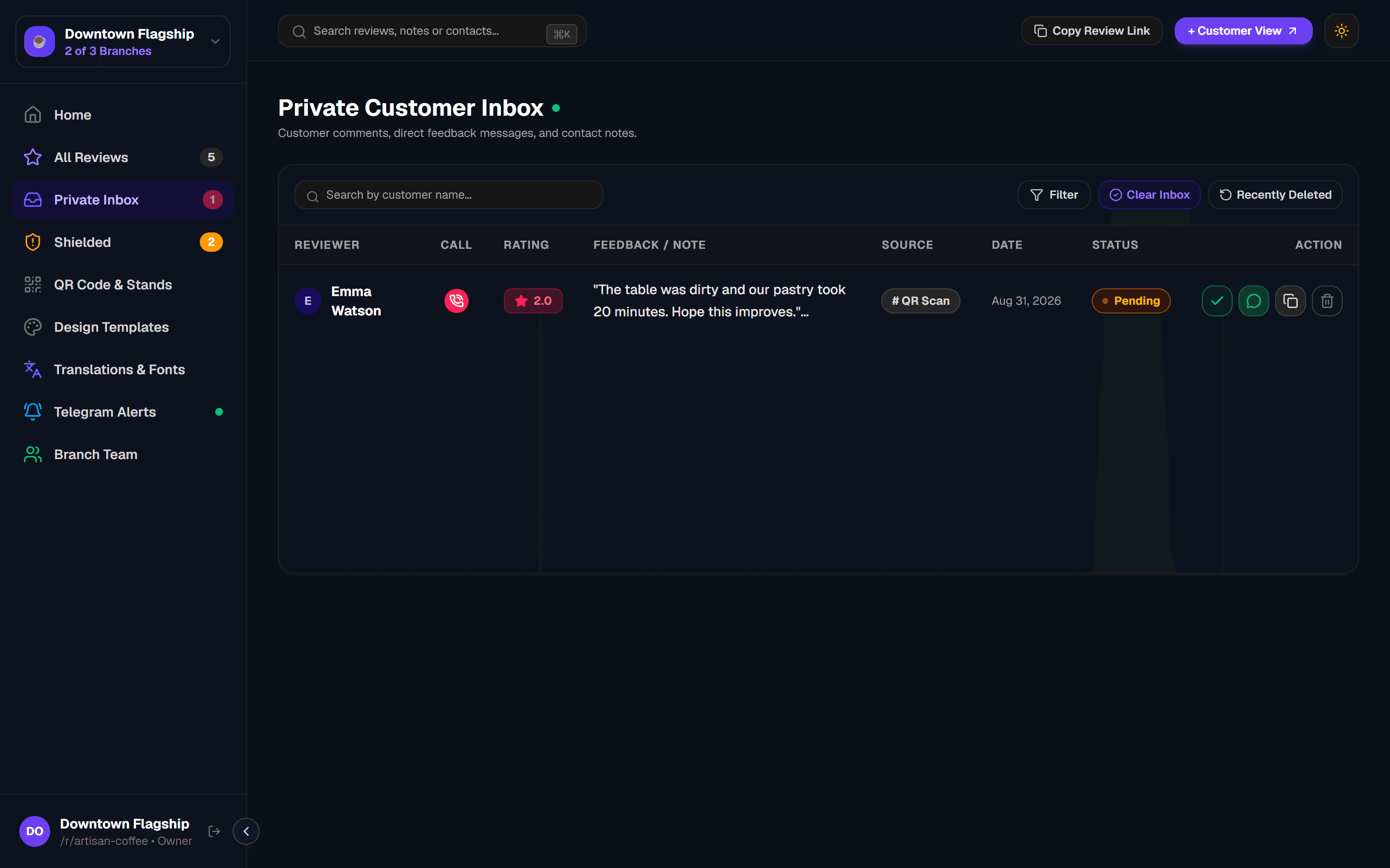 GetReview Dashboard — Private Inbox