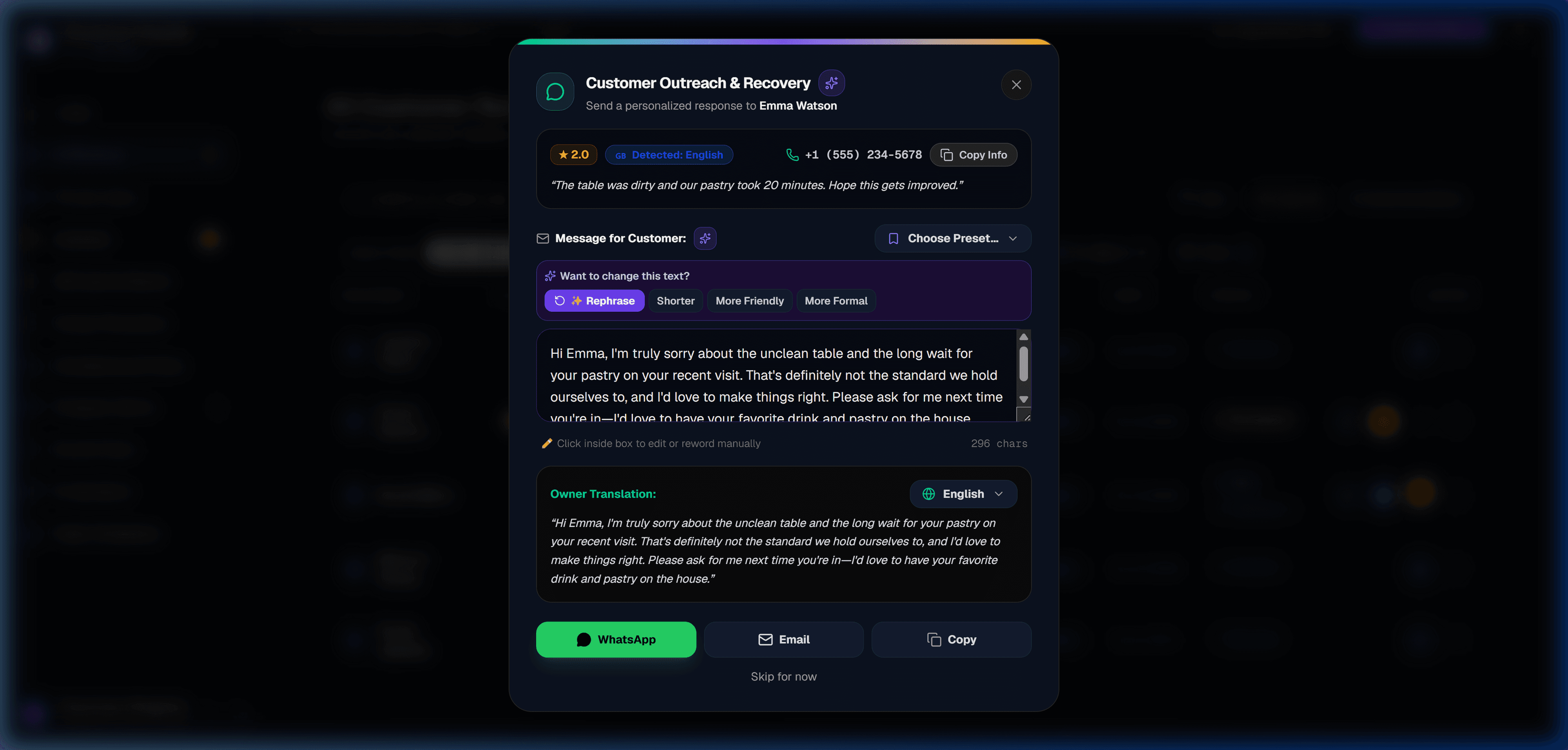 Customer Outreach & Recovery Modal with AI Assistant