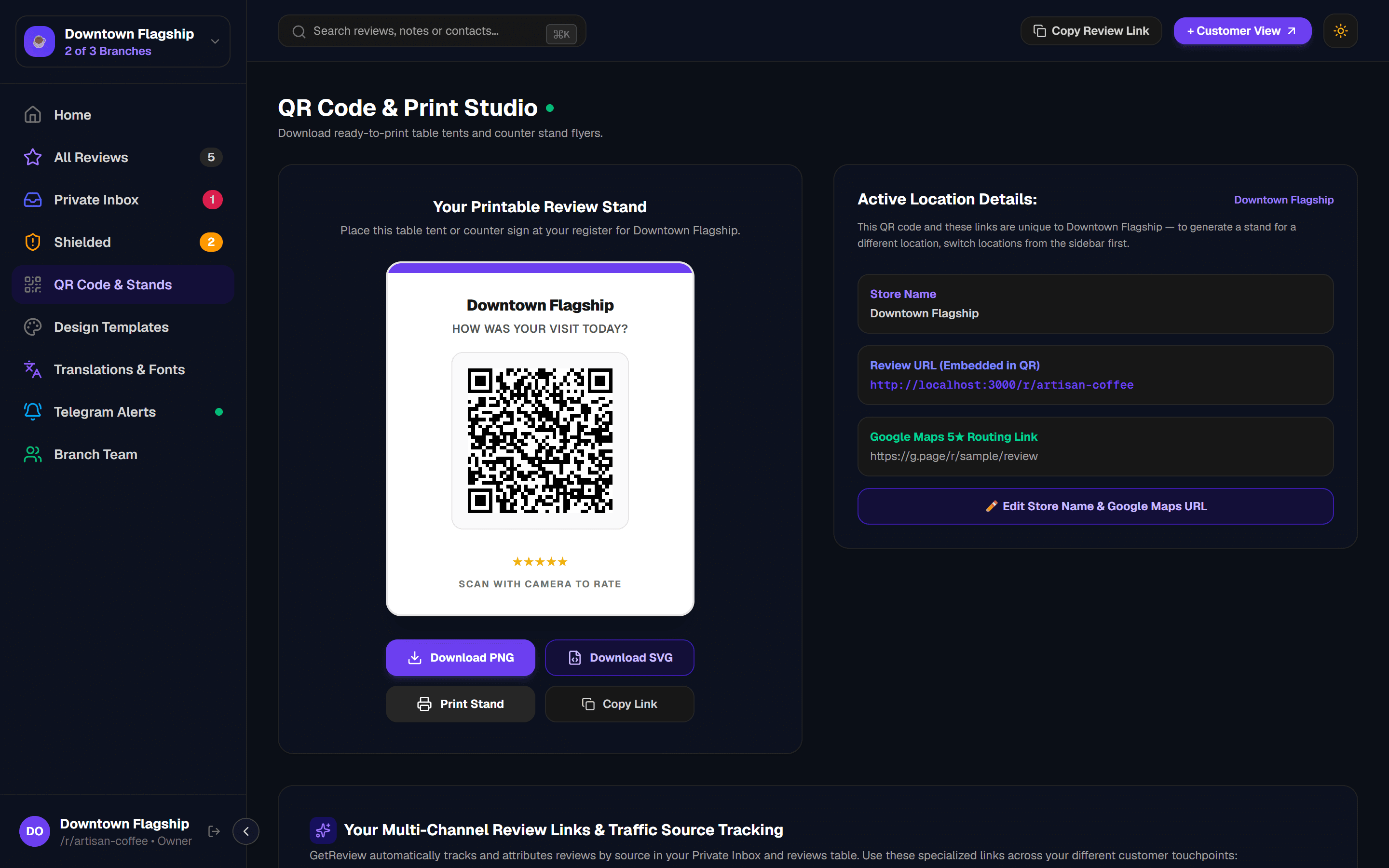 GetReview Dashboard — QR Code & NFC Stands