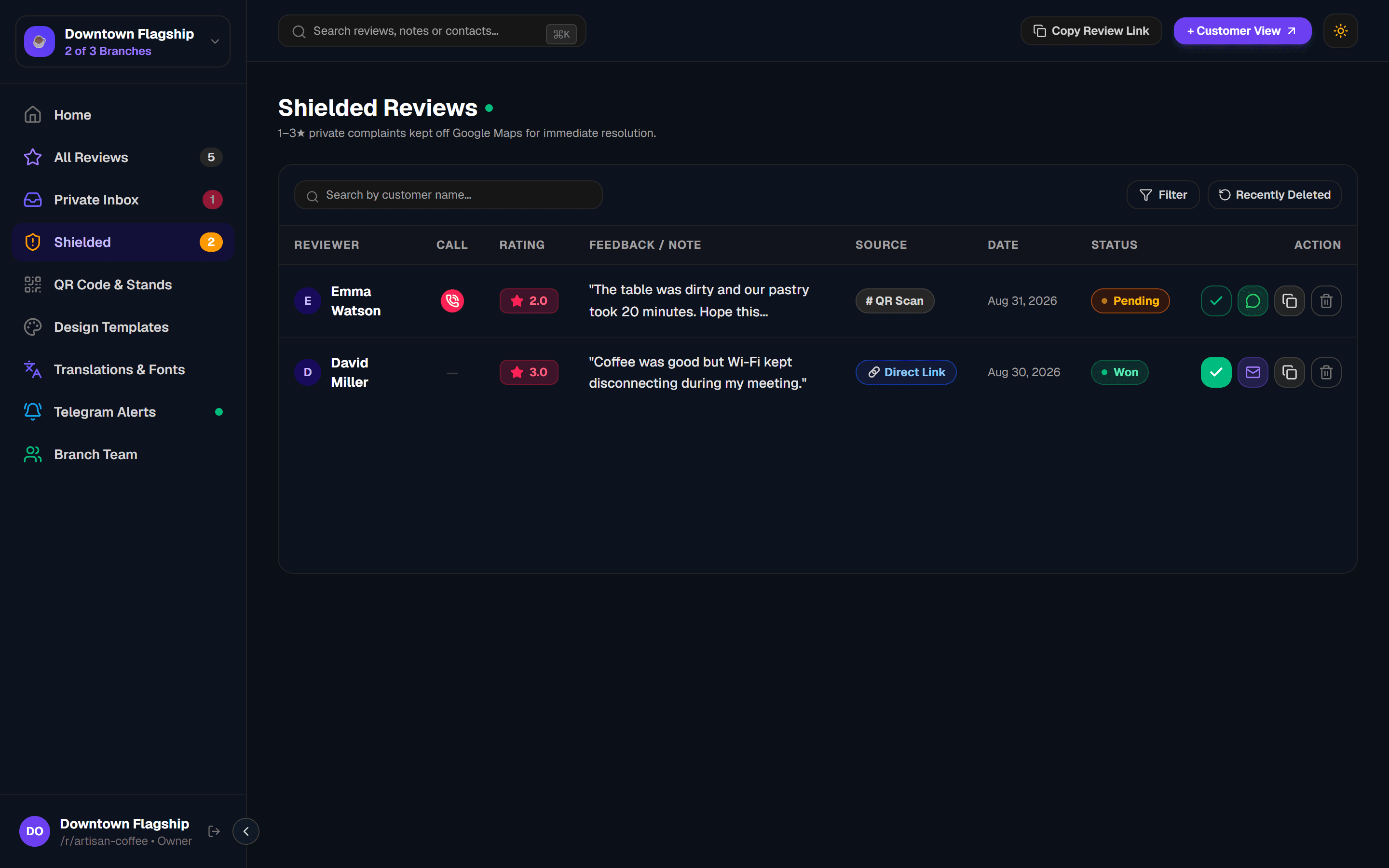 GetReview Dashboard — Shielded Notes