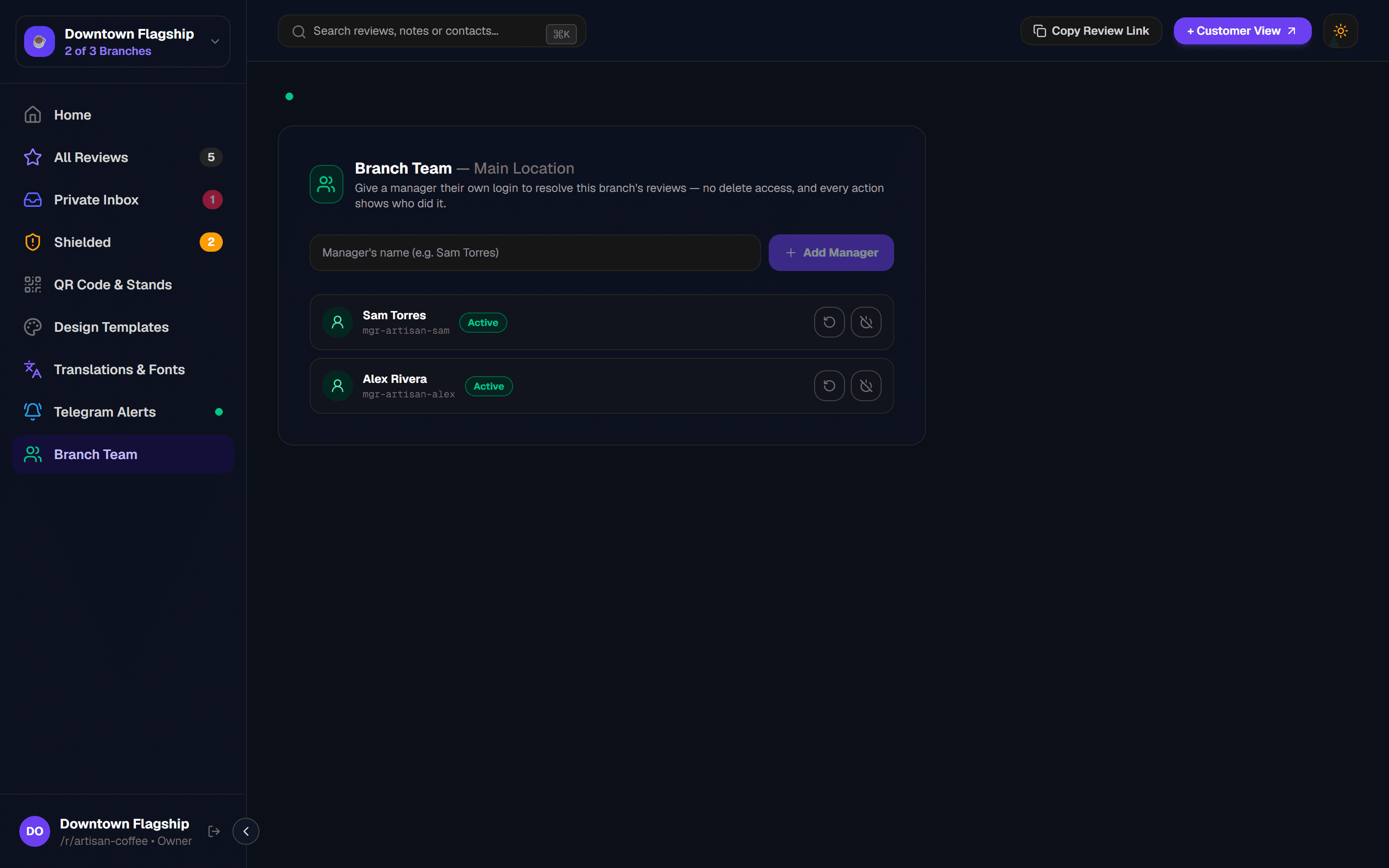GetReview Dashboard — Branch Team Management