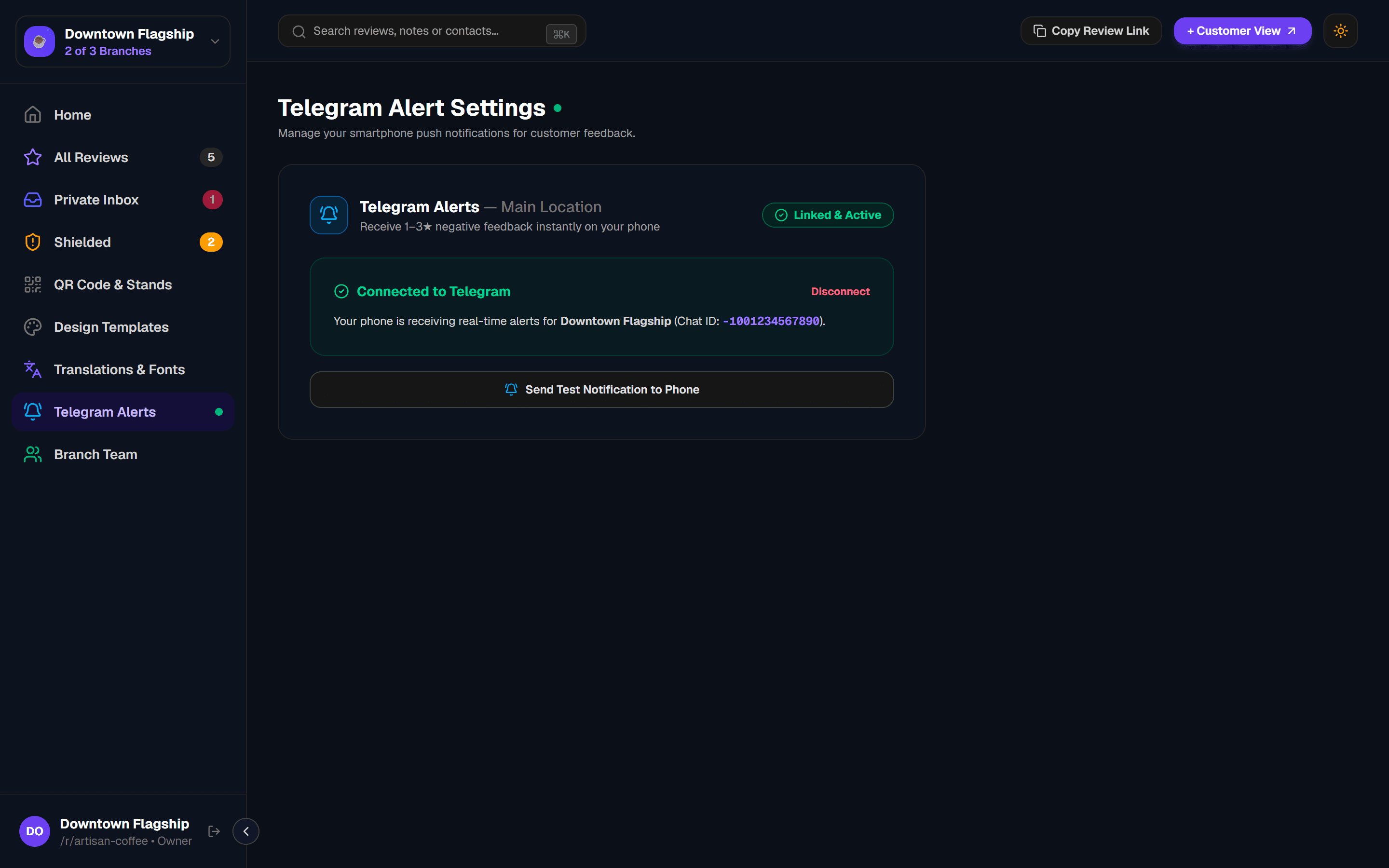 GetReview Dashboard — Telegram Alerts Setup