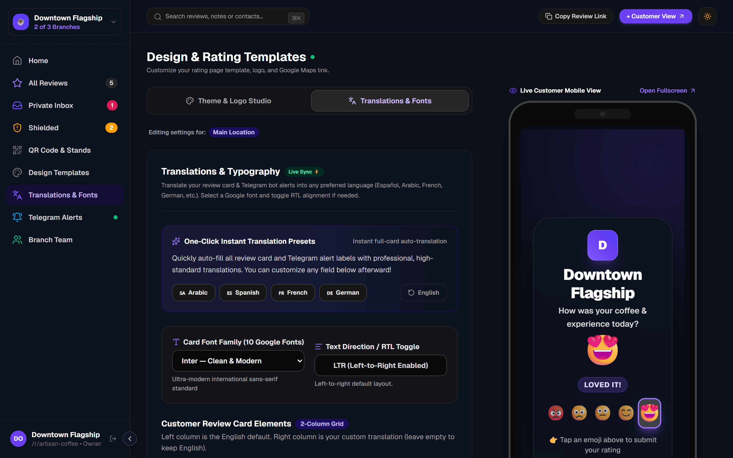 GetReview Dashboard — Translations & Fonts