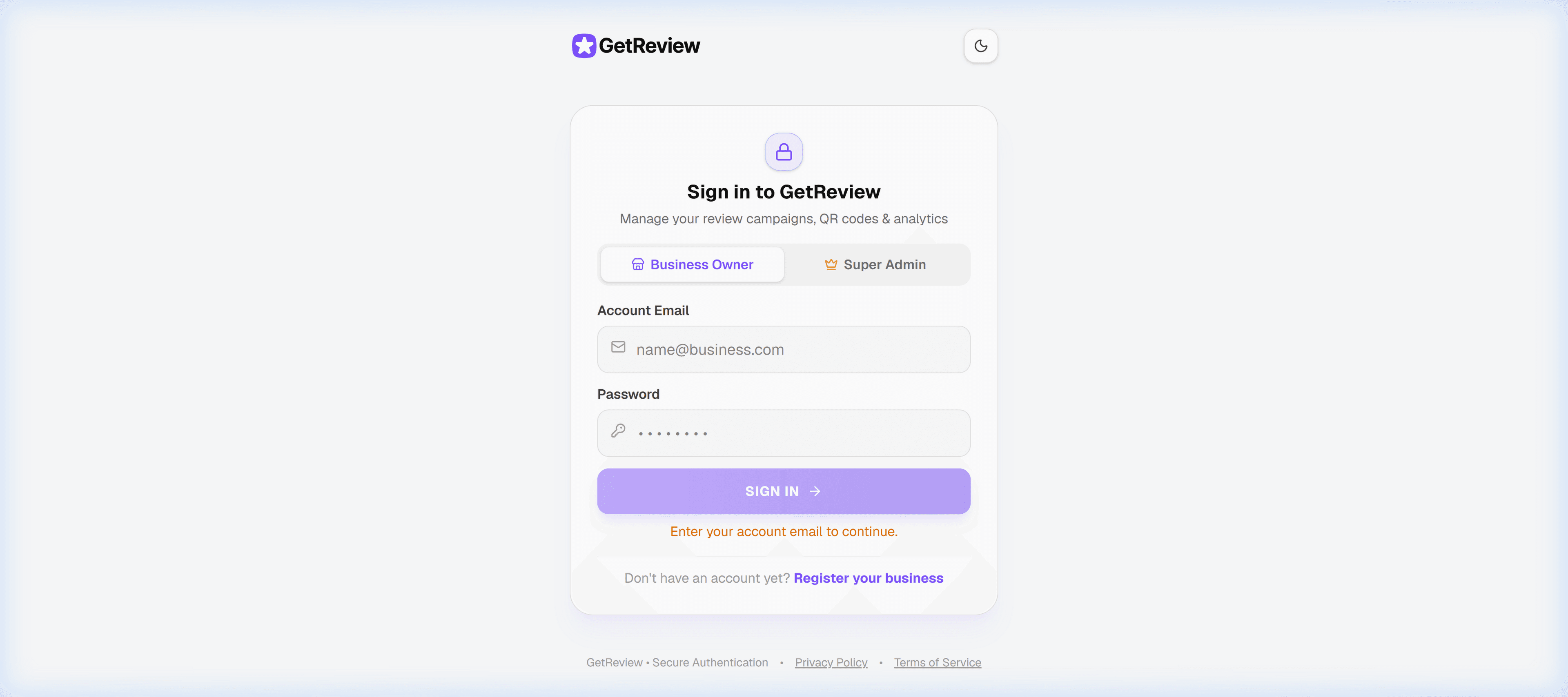 GetReview Business Owner Sign In Portal