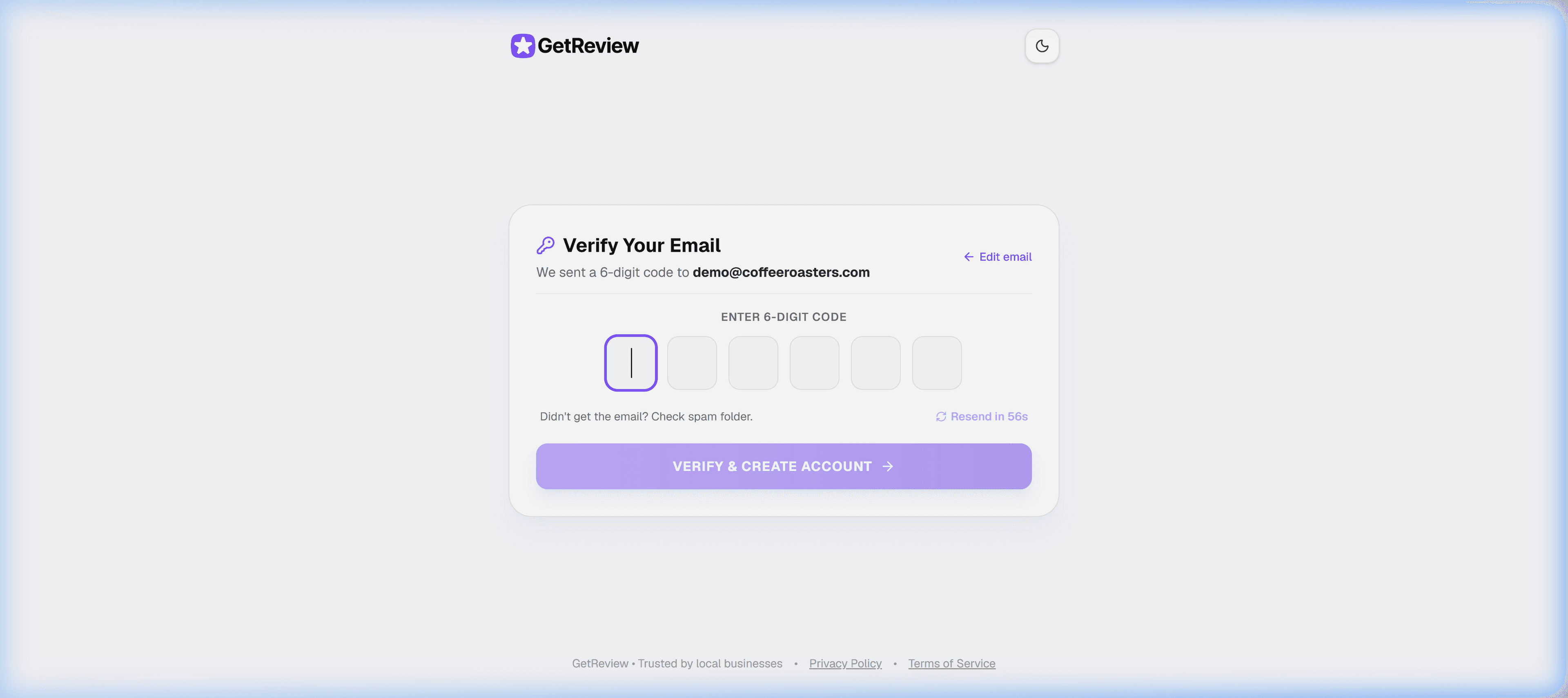 GetReview 6-Digit OTP Email Verification Screen