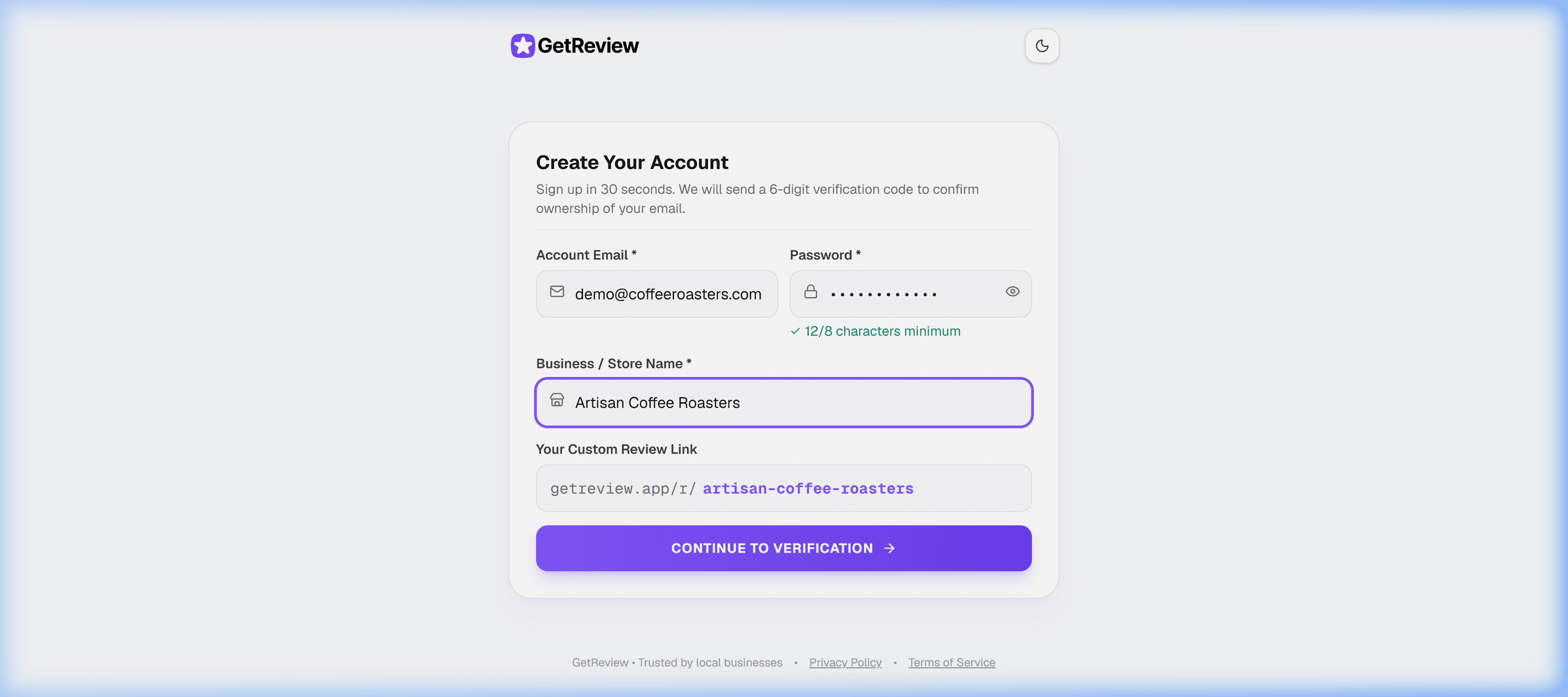 GetReview Business Account Registration Screen