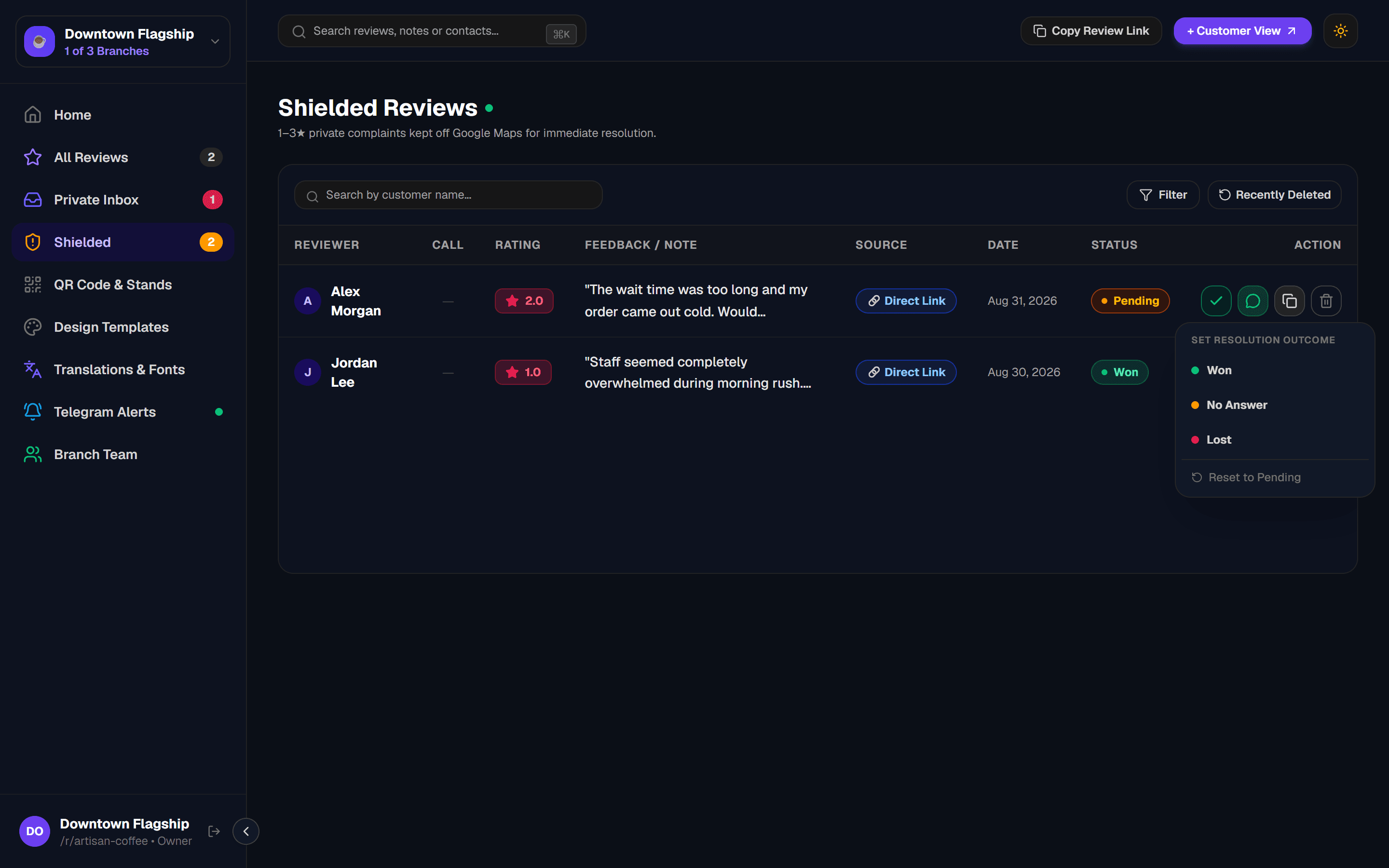 CRM Resolution Workflow in Shielded Reviews Table