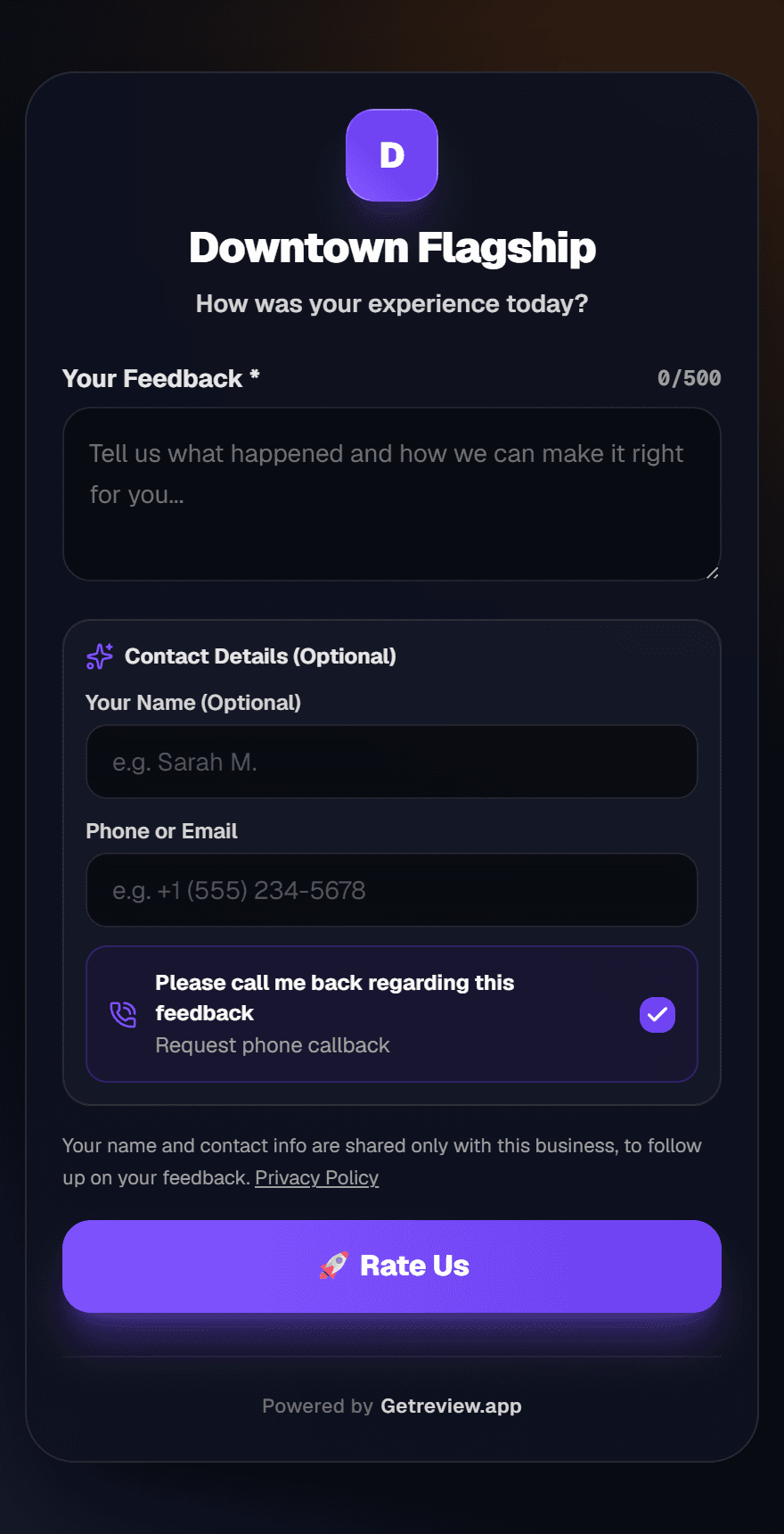 Negative Review Shield Flow — Private Feedback Form