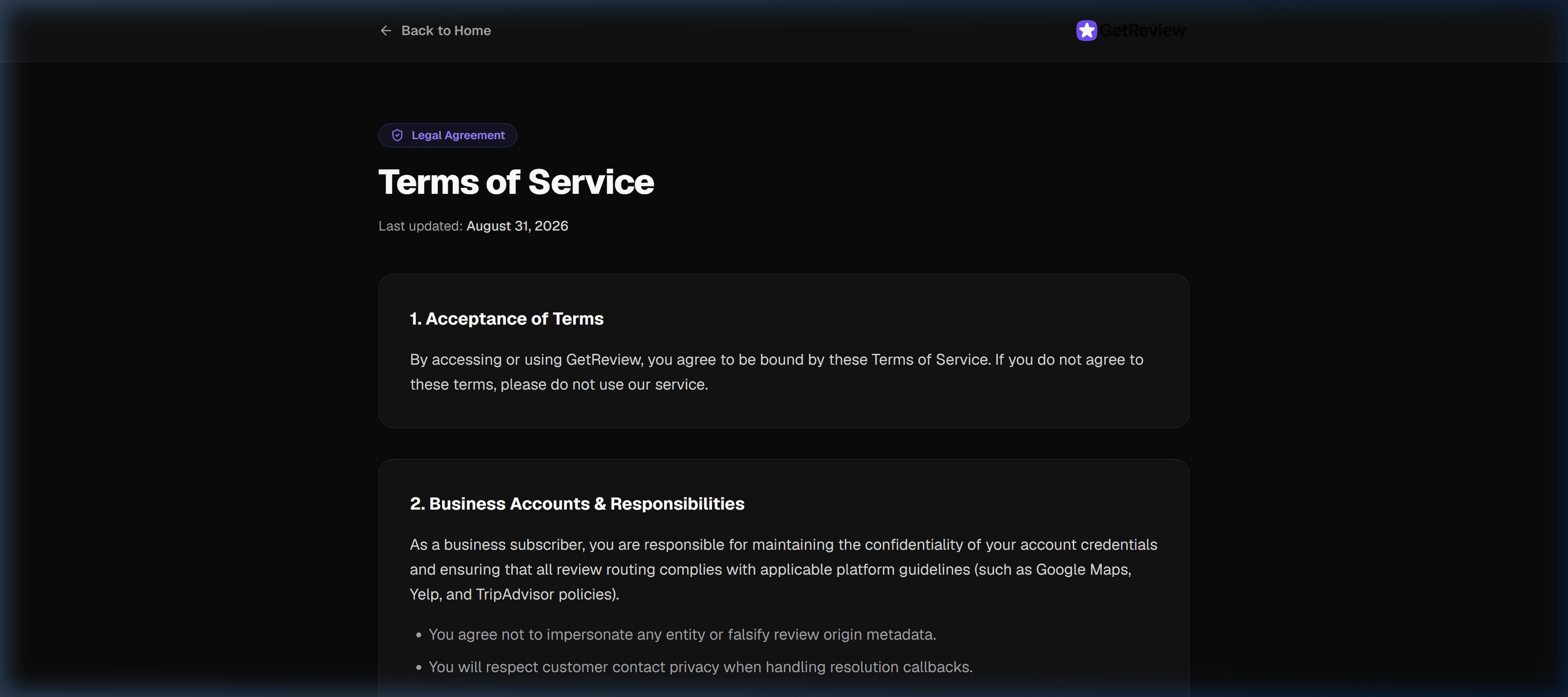 GetReview Terms of Service & User Acceptance Agreement